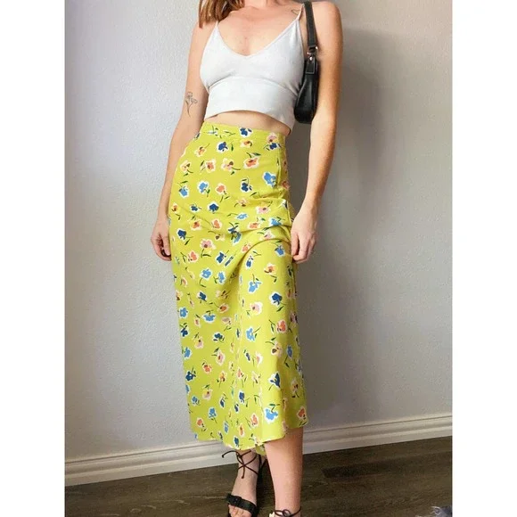 Vintage Lime Green Floral Print High Waist Maxi Slip Skirt - Picture 2 of 6
